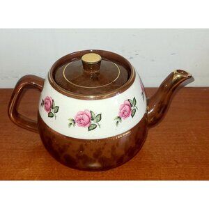 Arthur Wood England Teapot 4657 Brown/Ivory 5" Tall Pink Roses Gold Trim